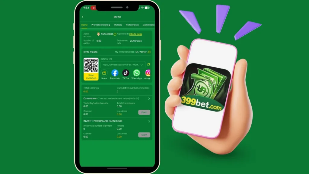 399bet referral invite screen with QR code and sharing options on smartphone.