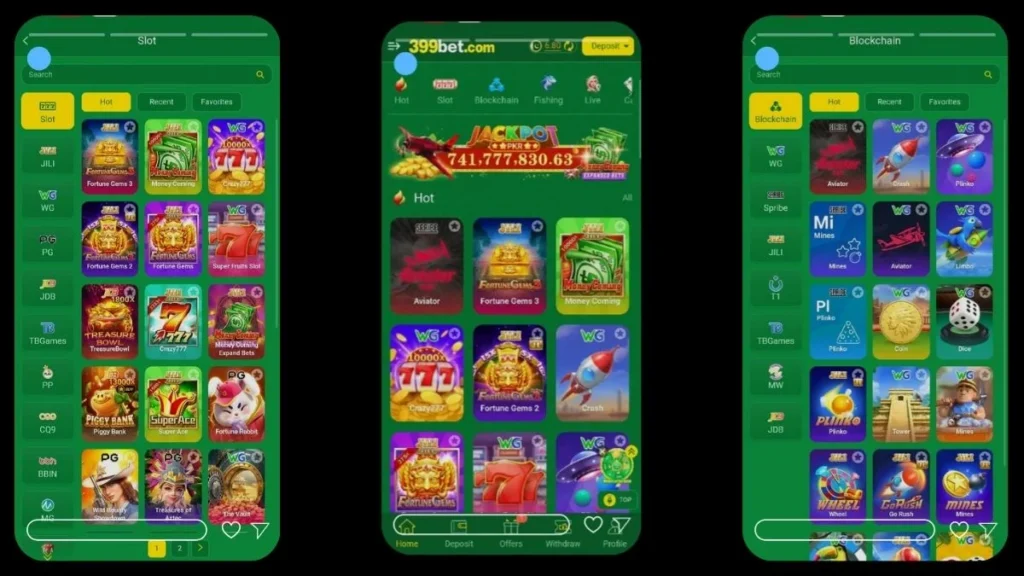 399bet mobile app showing slot, blockchain, and casino game categories on green interface.