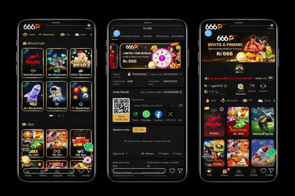 666P game app home screen showing blockchain, slots, Aviator, and sports categories interface