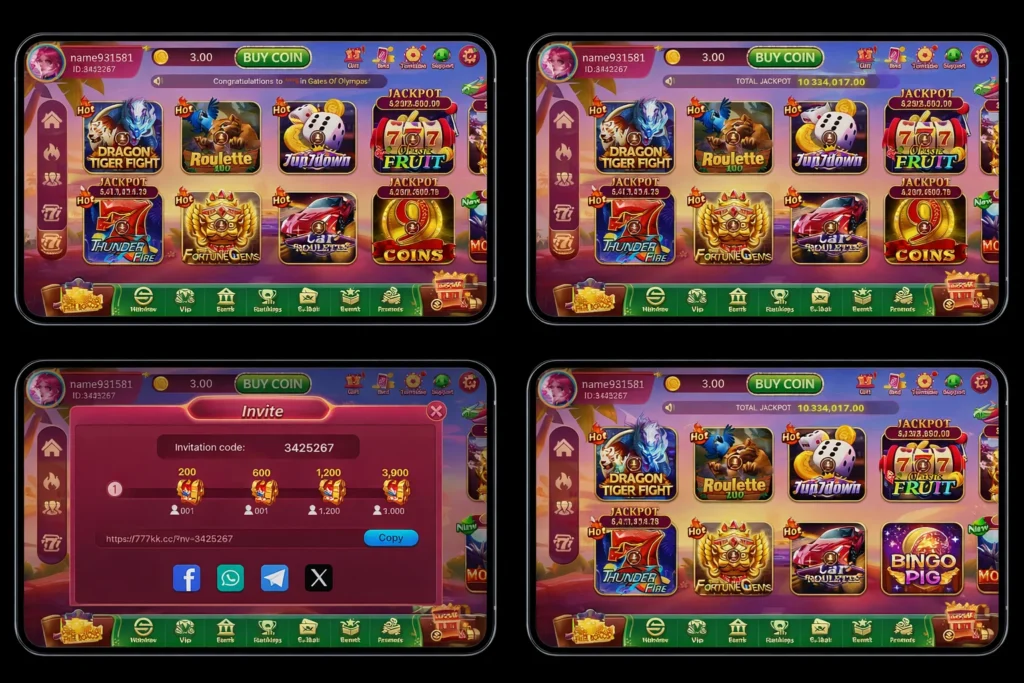 777XK Game invite screen with referral code, bonus rewards and social share options display