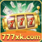 Golden slot machine with triple 7 symbols, cash flying background and 777XK Game.com branding banner.