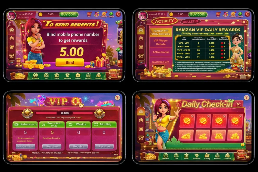 777XK Game bonus screen offering 5.00 reward for binding mobile phone number.