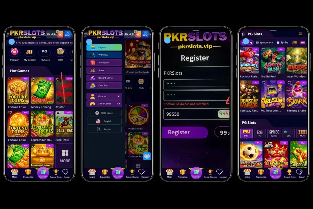 PKR Slots app interface showing hot games, deposit menu, register page and PG slots