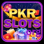 PKRSlots Game logo with gold and purple text, fireworks, gift box and coins background