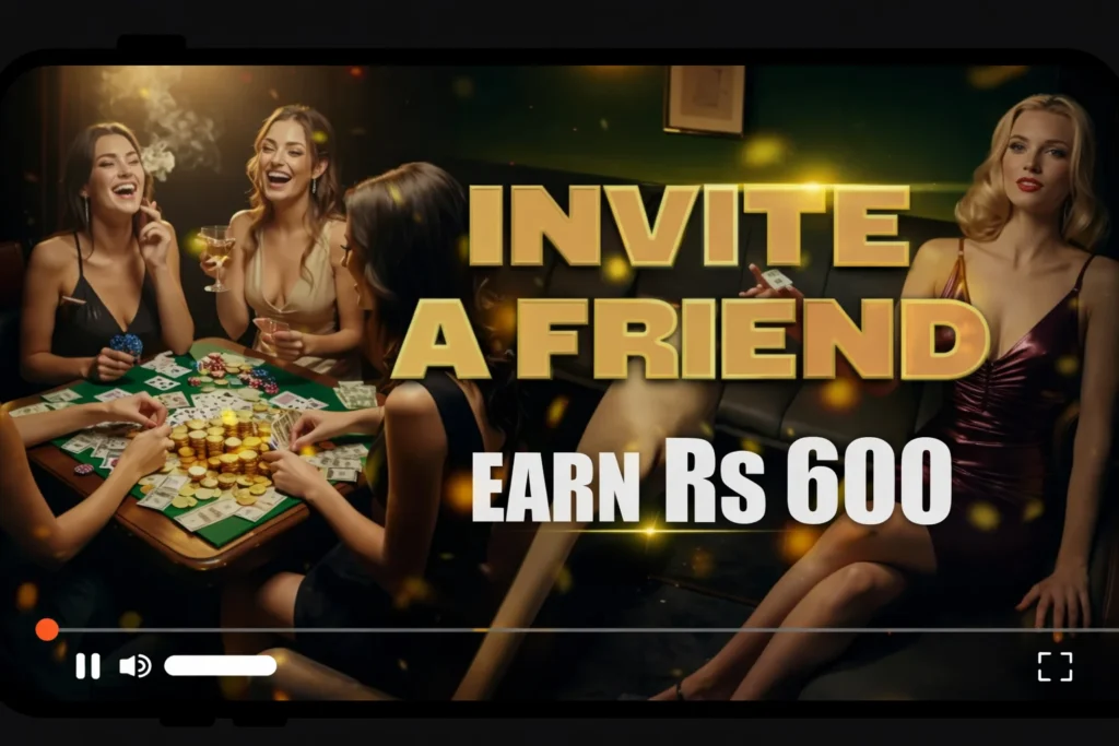 Invite a friend promo banner showing women playing cards with text Earn Rs 600 bonus offer