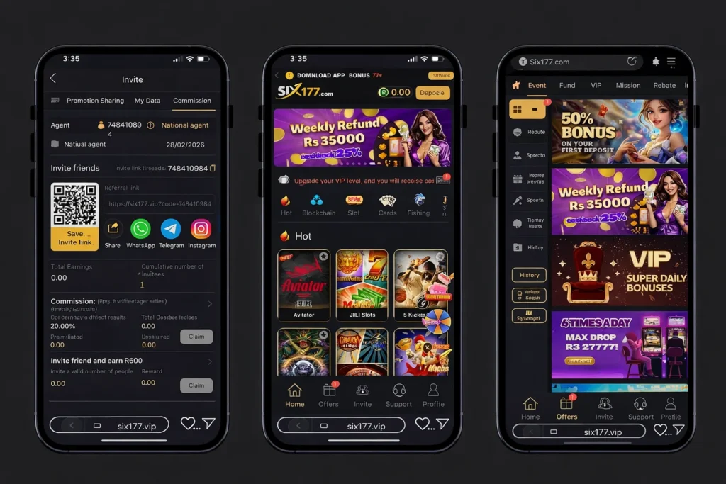 Six177 Game mobile app screens showing invite page, games lobby, bonuses and VIP offers interface