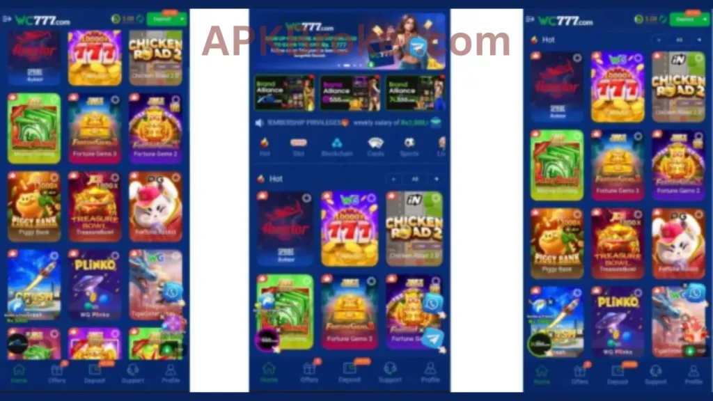 WC777 Game internal interface and jackpot winning games of application