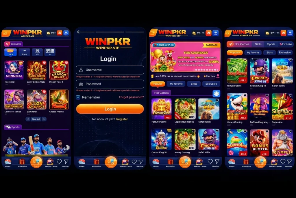 WinPKR app screens showing login page, hot games, slots and sports categories dashboard