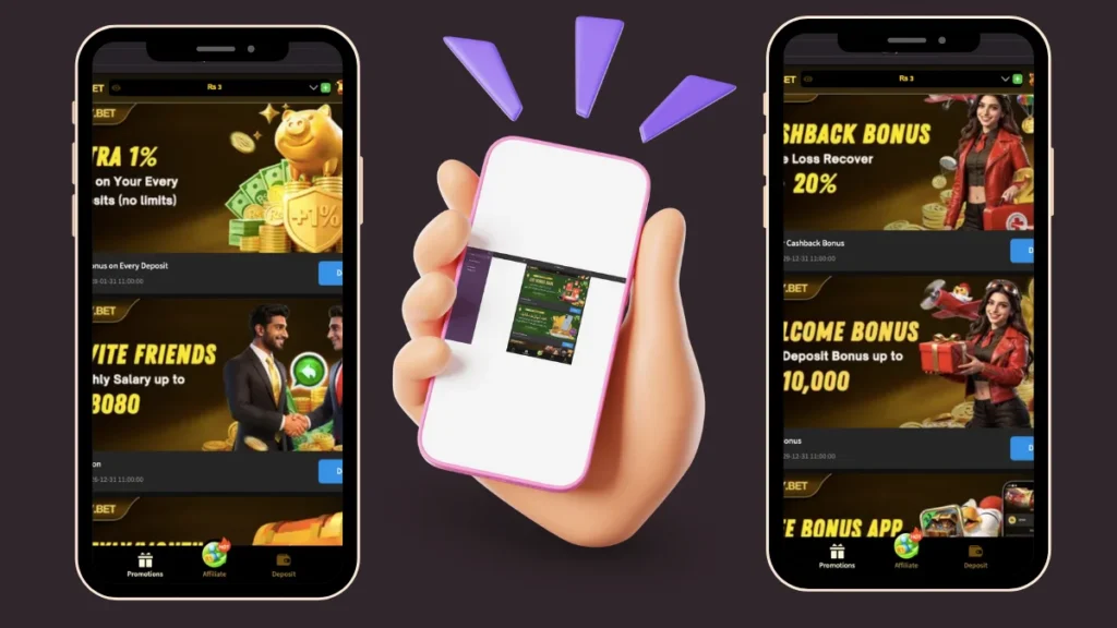 2J.Bet promotions screen showing 1% deposit bonus, cashback and Rs10000 welcome bonus