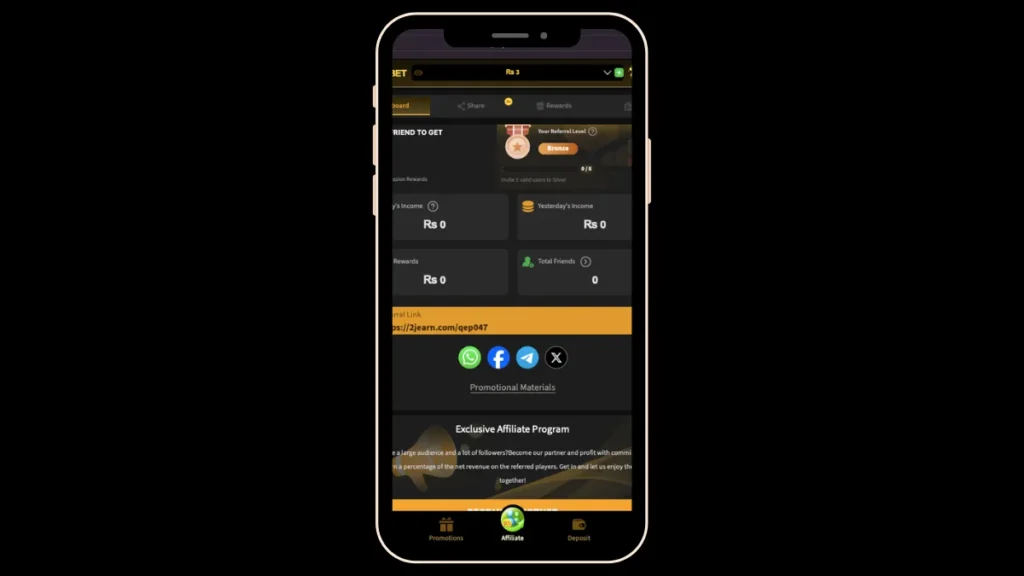 2J.Bet affiliate page with referral link, bronze level, and exclusive commission program