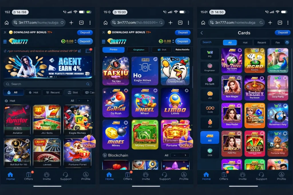 3RR777 casino home with Aviator, JILI slots, Plinko, Mines, cards, and blockchain games
