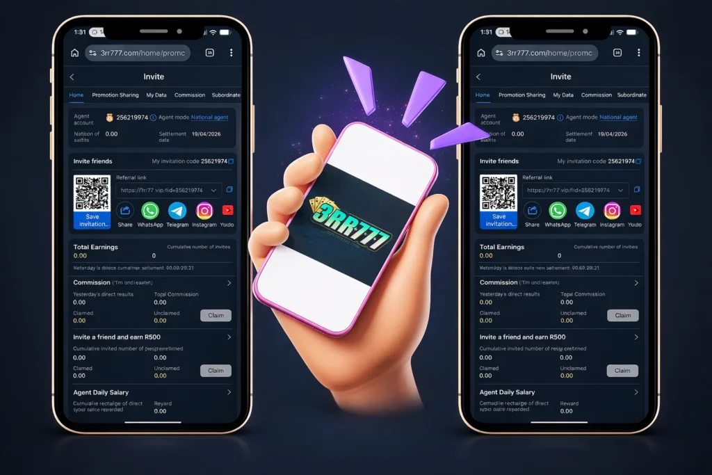 3RR777 invite friends screen with QR code, referral link, and earn R500 bonus