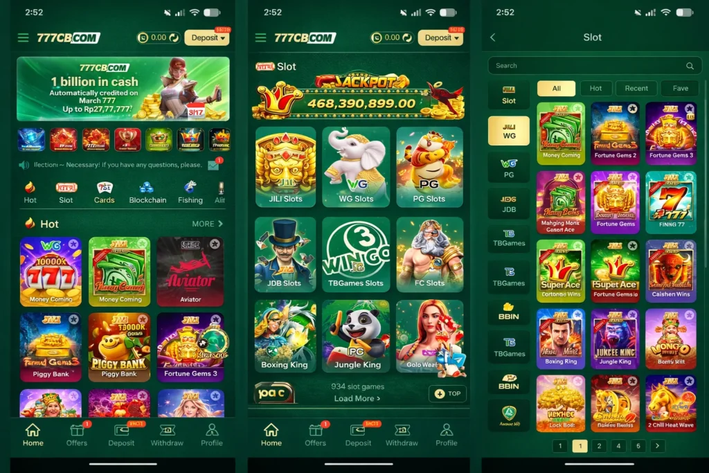 777CB.com home showing JILI, WG, PG slots, jackpot counter, and 934 slot games lobby