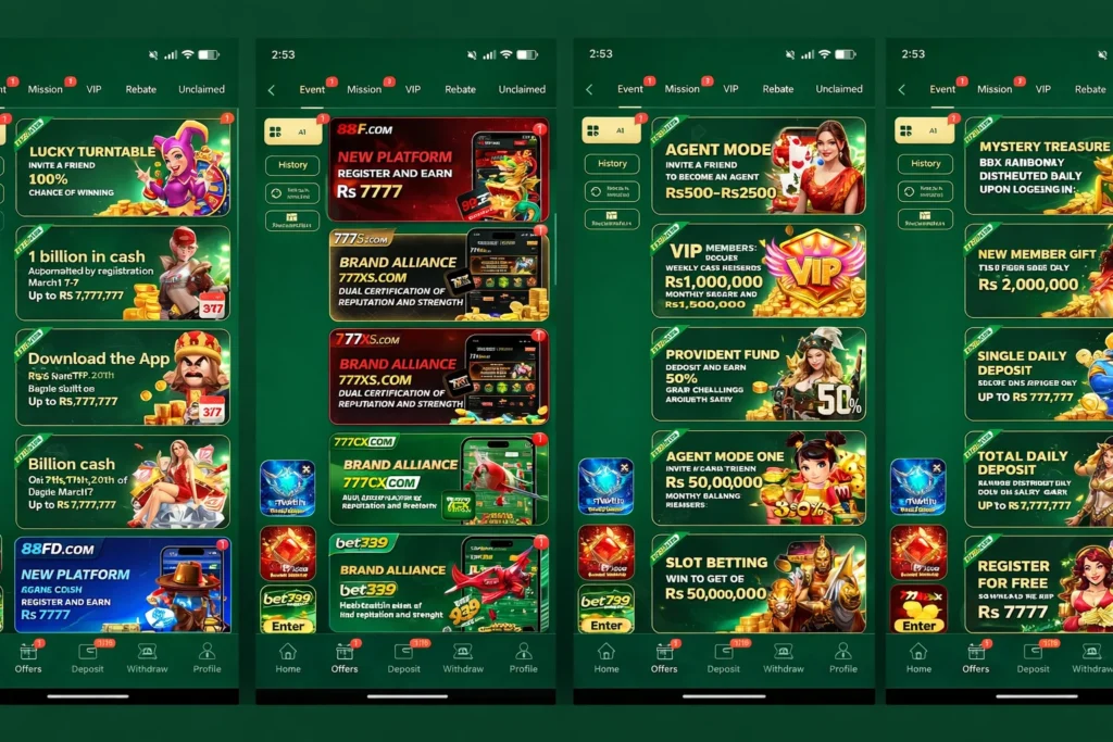 777CB casino offers page with lucky turntable, VIP rewards, agent mode, and brand deals