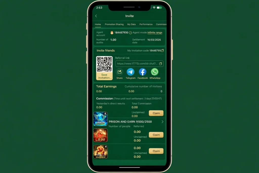 777CB invite friends screen with QR code, referral link, and commission earnings tracker