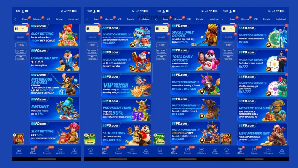 88FD Game app screens showing bonuses, VIP rewards, invitations, and slot betting features