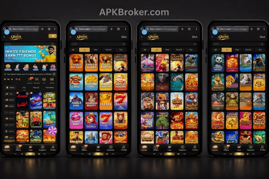 9win casino home and slot lobby with Aviator, Crazy777, Fortune Tree, and hot games