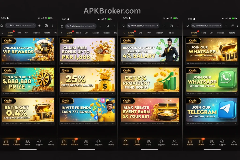 9win casino offers page with VIP rewards, deposit bonus, agent salary, and cashback