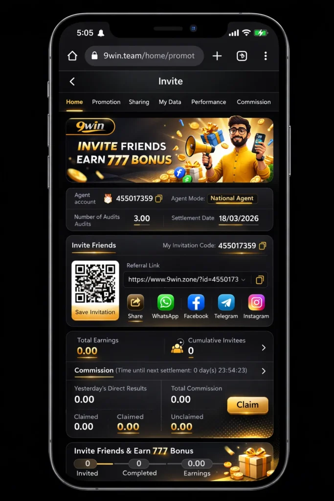 9win invite friends screen with QR code, referral link, and earn 777 bonus rewards