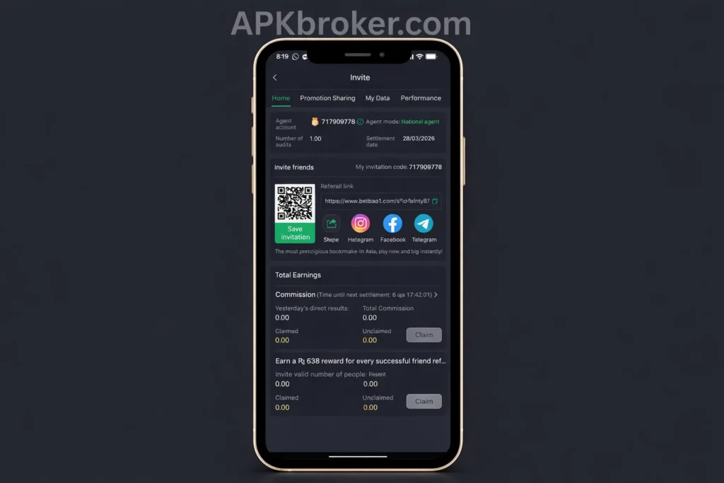 BetA Game referral screen showing invite friends bonus of Rs11500 with share links