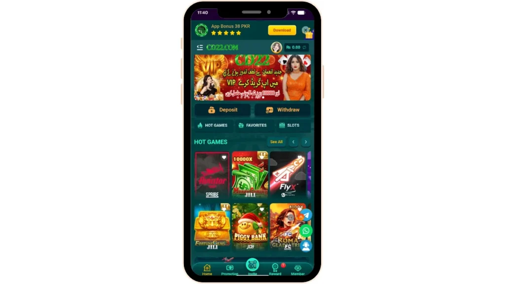 CD22.com home screen with hot games Aviator, Fortune Gems, Piggy Bank and VIP banner