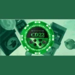 CD22 Game green casino chip logo with playing cards on dark background