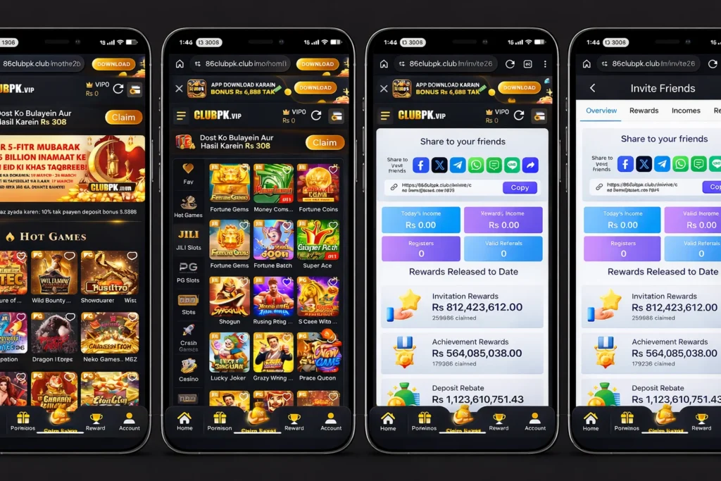 ClubPK VIP casino app with hot games, JILI slots, invite friends, and reward stats