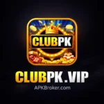 ClubPK Game VIP casino logo with gold crown, dice, coins, and marquee lights on dark background