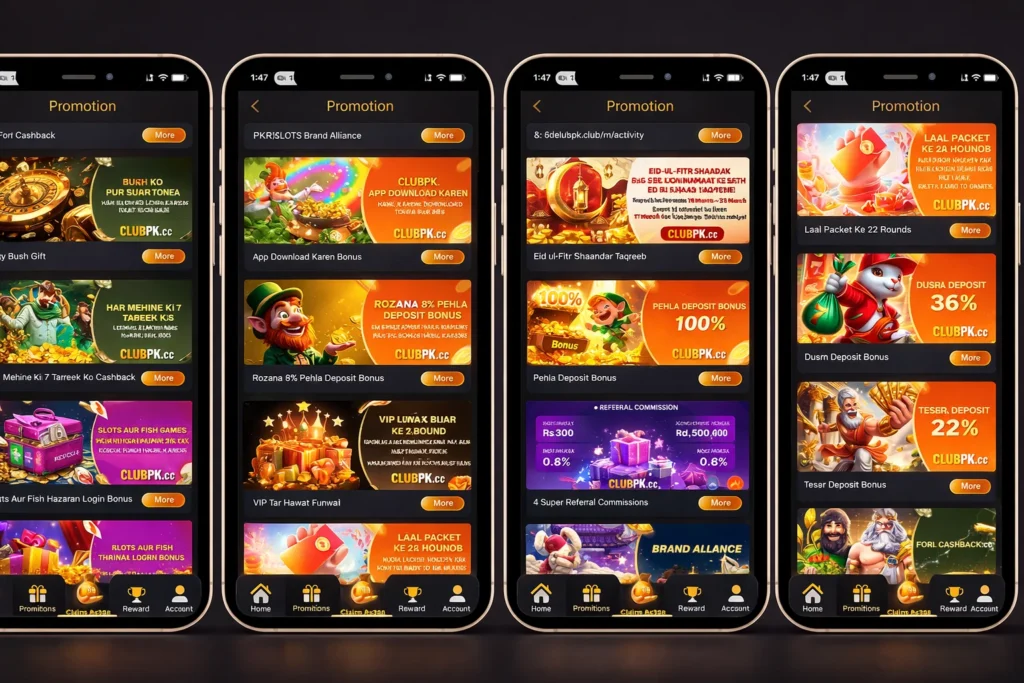 ClubPK.cc promotion page with deposit bonuses, VIP rewards, referral commissions