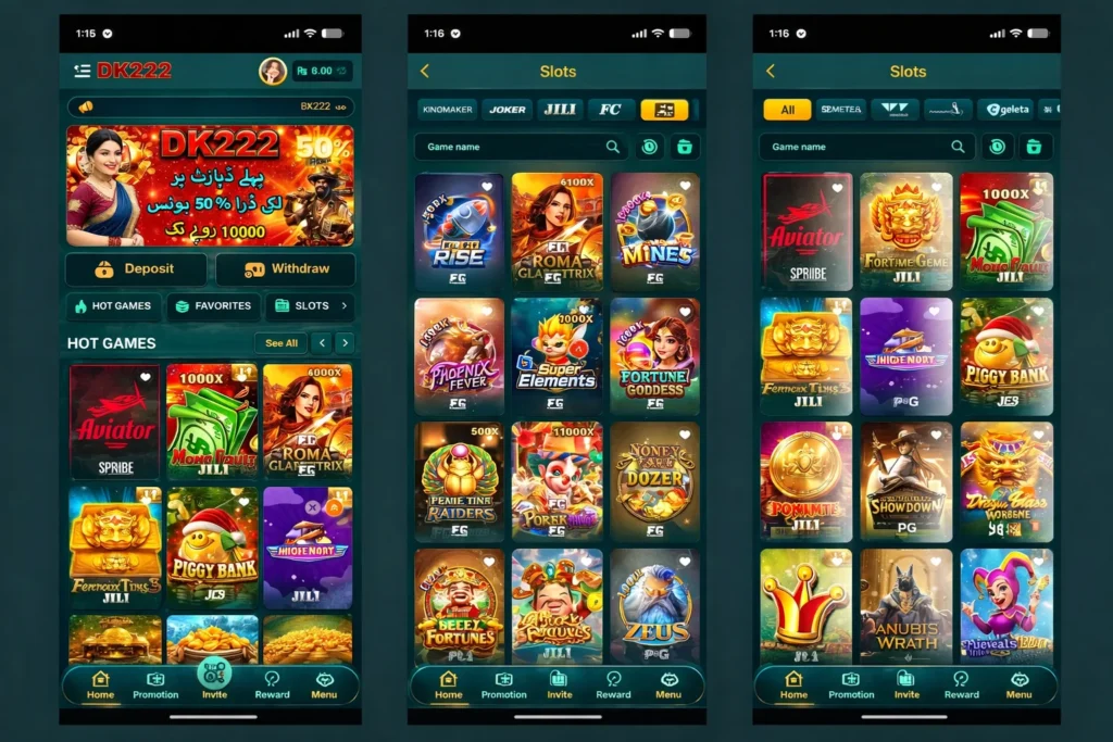 DK222 casino app showing hot games, slots lobby, and game grid on mobile