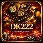 DK222 Game casino app icon with gold playing cards, poker chips, and dice