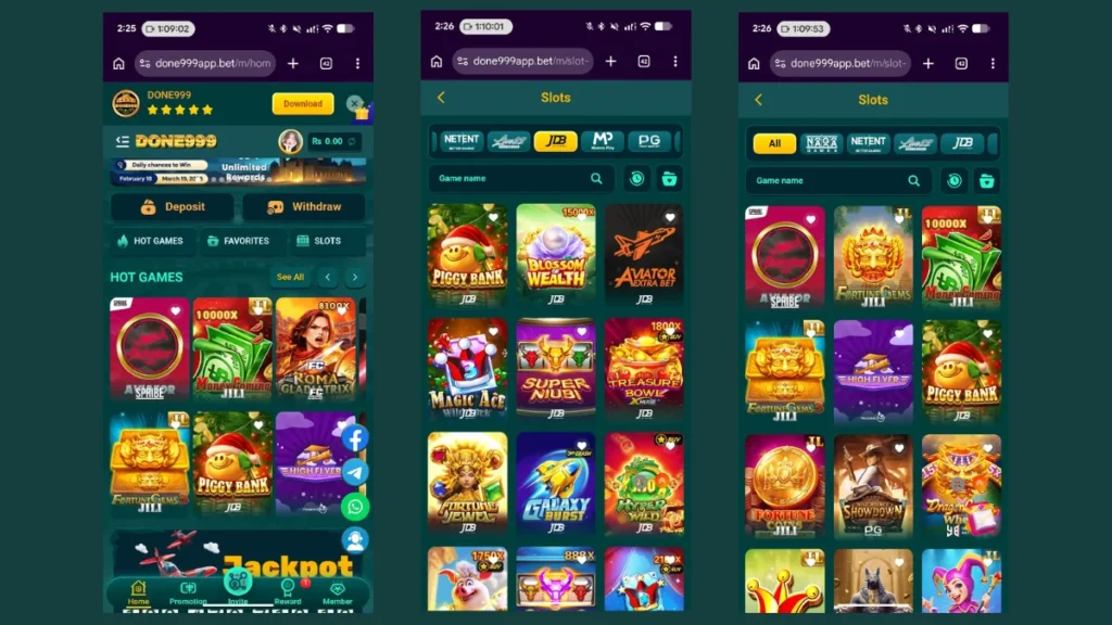 Done999 Game app home screen showing hot games, deposit and withdraw options, and slot game lobby