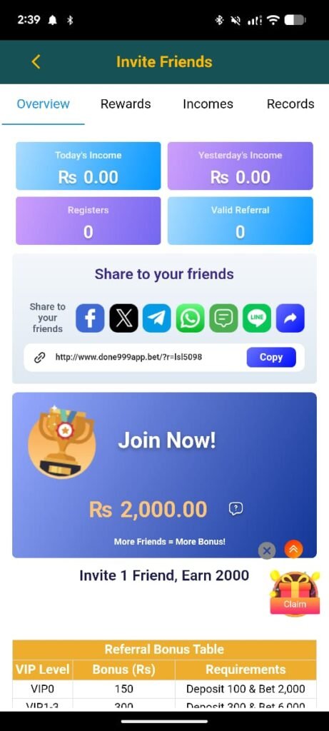 Done999 Game invite and bonus section showing referral rewards, deposit bonuses, and member events