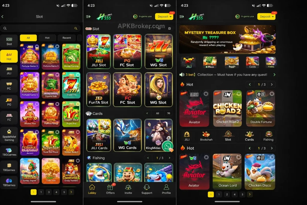 H555 slot game dashboard showing categories, colorful game icons, and dark themed UI layout.