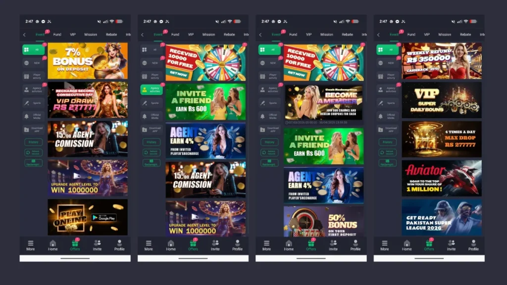 HQ177 casino app offers screen with bonuses, agent commissions, and referral rewards