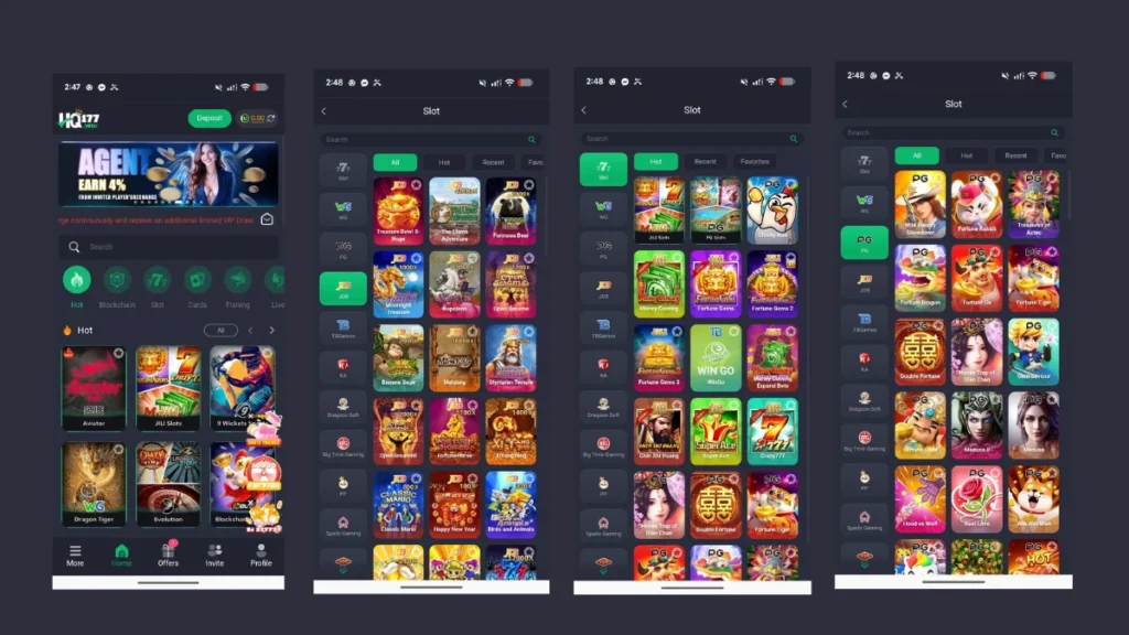 HQ177 casino app home and slot lobby showing hot games, PG, JDB, and Jili slots