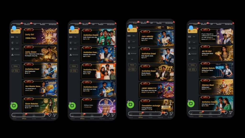 JJ804 Game app screens showing bonuses, missions, VIP rewards and deposit offers
