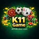 K11 Game logo with roulette, football, cards, and poker chips on green background