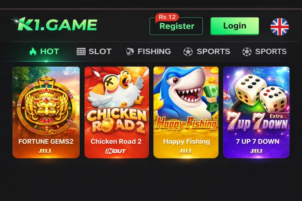 K11 Game home page with JILI hot games including Fortune Gems, Chicken Road, and fishing
