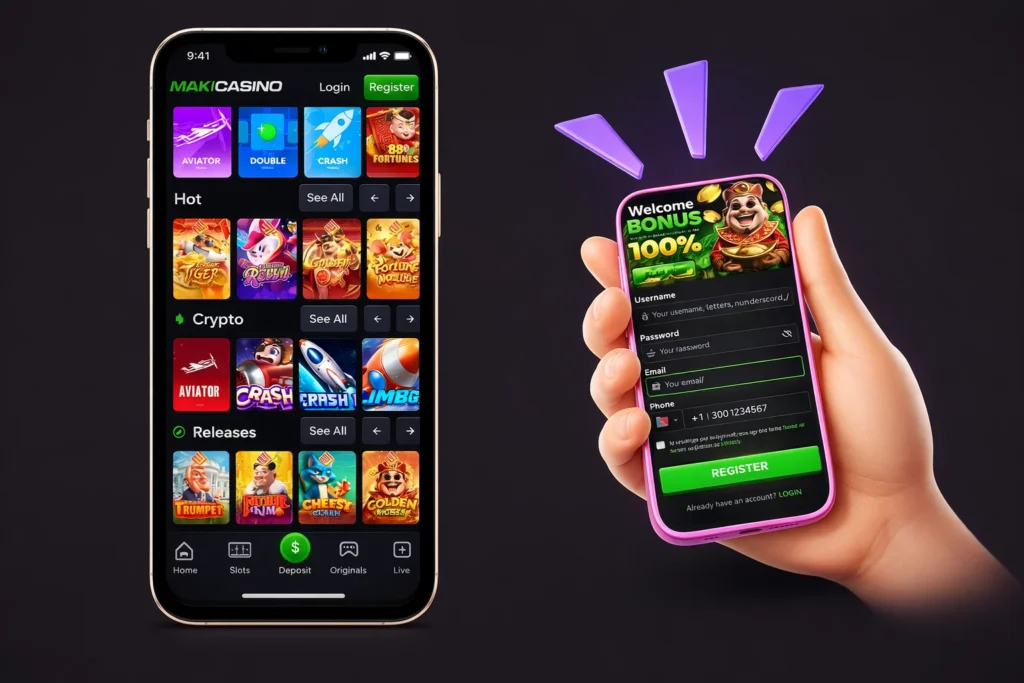 Paki Casino app home and registration screen with 100% welcome bonus and slot games