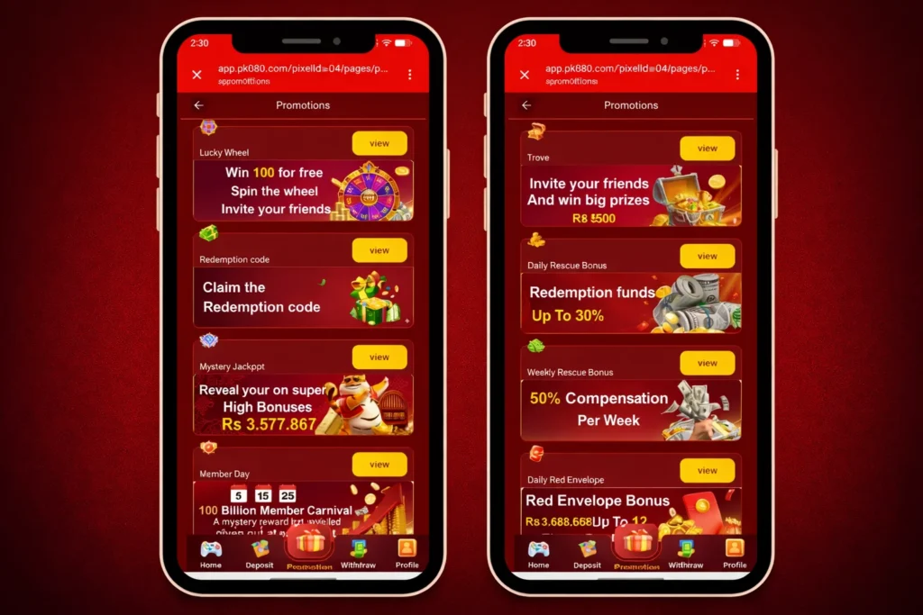 PK080 promotions showing lucky wheel, jackpot Rs3.5M, redemption code and weekly cashback