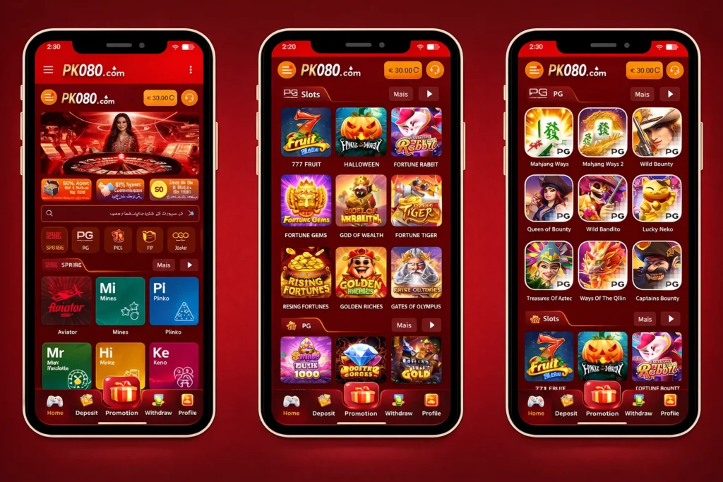 PK080 mobile app displaying slots, PG games, Aviator, Fortune Gems and Gates of Olympus