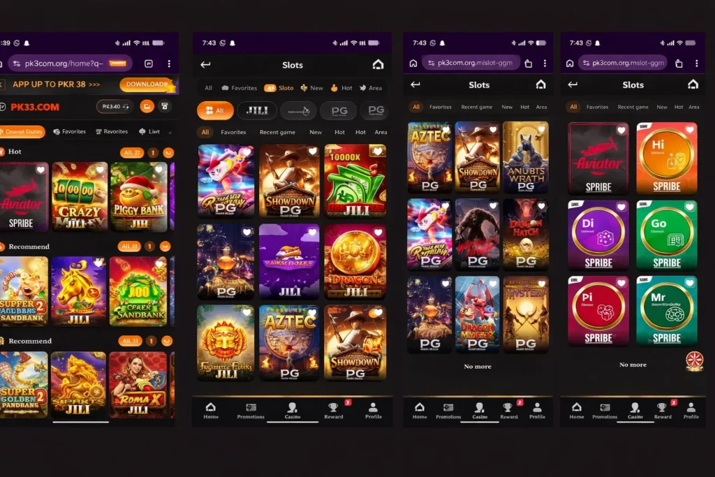 PK33 casino app showing JILI, PG, and Spribe slots lobby on mobile browser