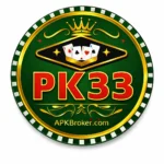 PK33 Game casino round logo with gold crown, playing cards on green poker chip design