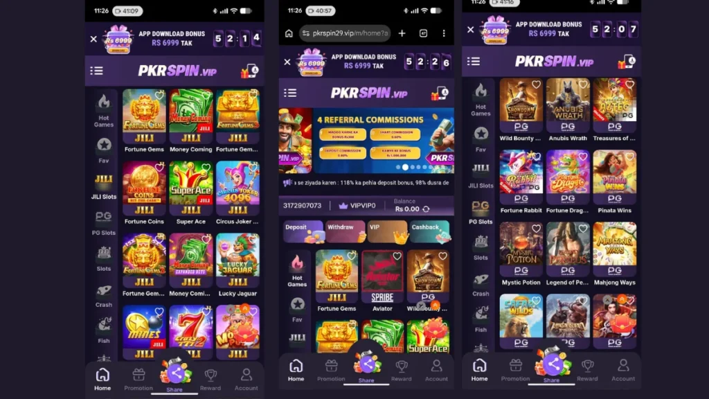 PKRSpin Game home page displaying slot categories, trending games, and easy navigation menu