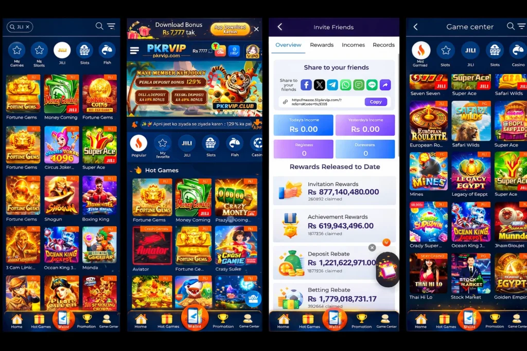 PKRVIP casino app showing JILI slots, invite friends rewards, and game center lobby