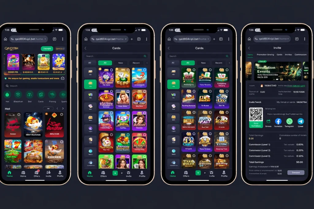 Qaidi804 casino app home with slots, cards, fishing games, and invite friends screen