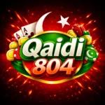 Qaidi 804 Game casino logo with green oval, crescent moon, playing cards, and poker chips