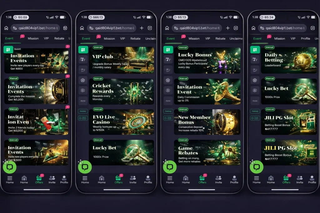 Qaidi804 offers page with VIP club, cricket rewards, lucky bonus, and JILI PG slots