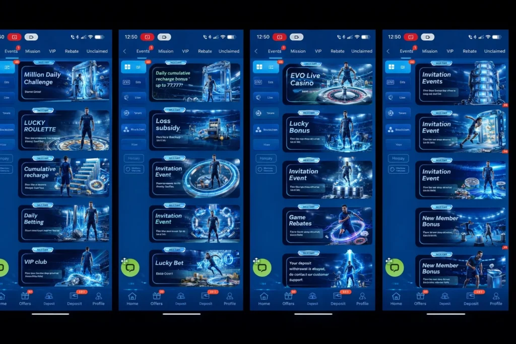 SK777 casino app events page with daily challenges, VIP club, and lucky bonus offers